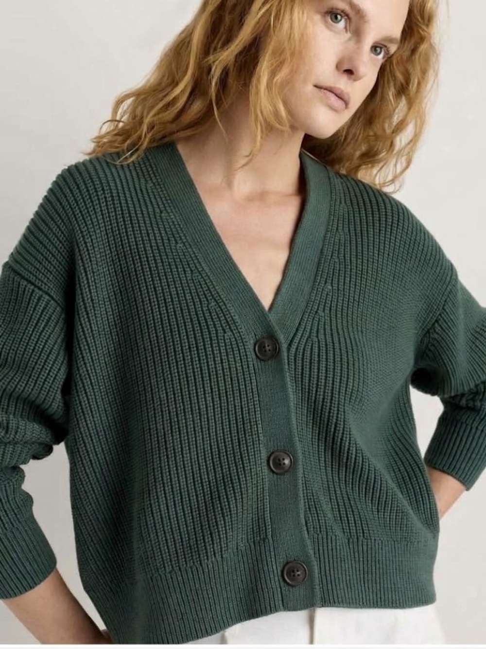 Deep Green Ribbed V-Neck Button Front Women's Cardigan